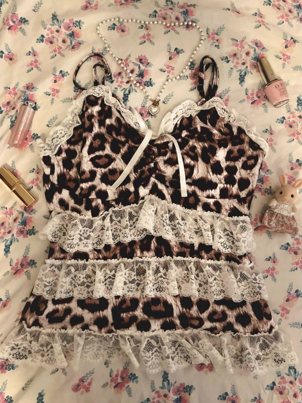 Coquette Shoujo Leopard Top w/ White Ruffles & Bow